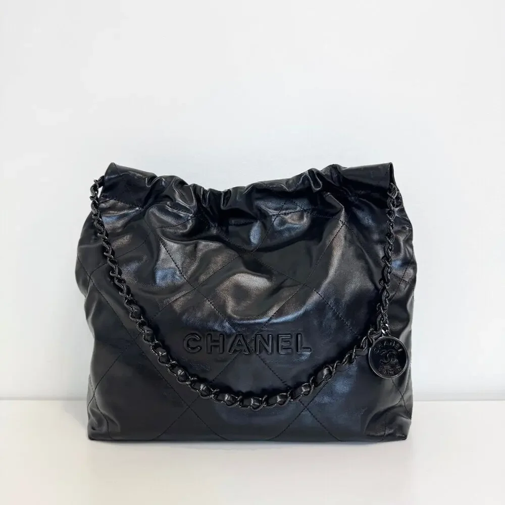 CHANEL 22 So Black Small Quilted Lambskin Tote Logo Shoulder Hobo Bag w Pouch